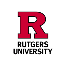 Large red letter "R" above the words "Rutgers University" in black text on a white background.
