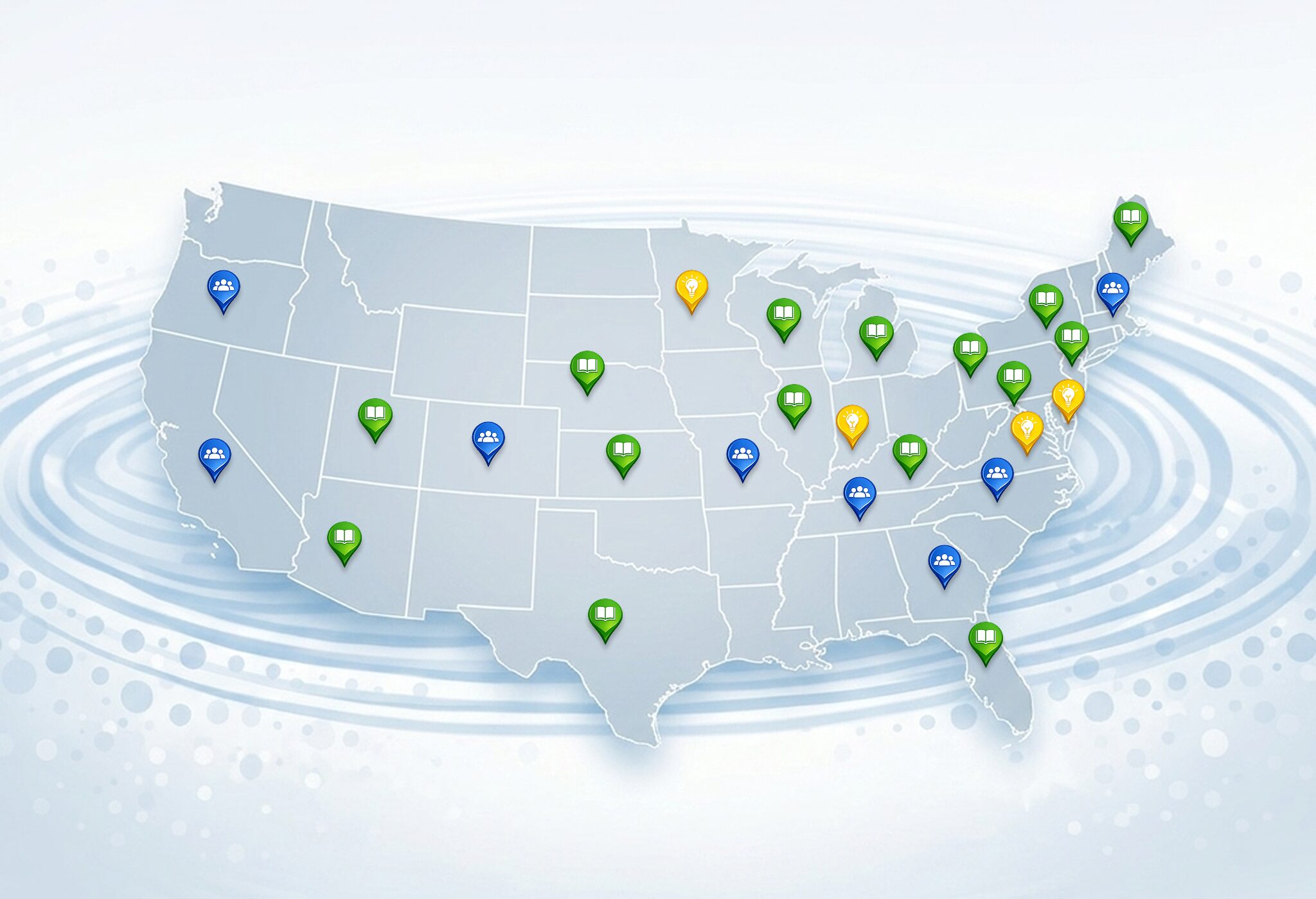 Map of USA with pins representing where grants have been given.