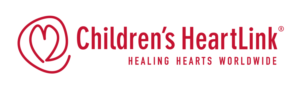 A red heart drawing with words next to it reading "Childrens Heart Link, Healing Hearts Worldwide"