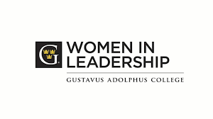 the words Women In Leadership next to a black square with a white letter G over the words Gustavus Adolphus College