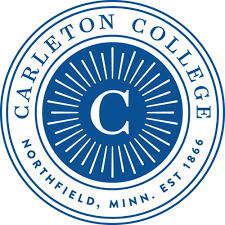 Blue and white circular Carleton College seal featuring a prominent "C" in the center, surrounded by radiating lines and the text "Northfield, Minn. Est 1866."