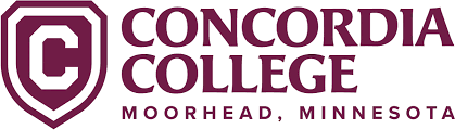 An outline of a shield with a red colored background with the letter 'C' in the middle, next to the words, 'Concordia college Moorhead, Minnesota"