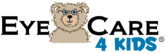 A cartoon brown bear wearing glasses in the middle of the words, " Eyecare 4 kids"