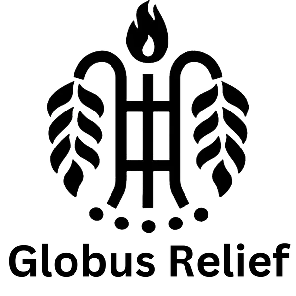 Intricate black design with leaves and a flame over the words 'Globus Relief'