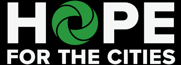 The word 'Hope' with a green logo in place of the letter 'O', over the words 'for the cities'