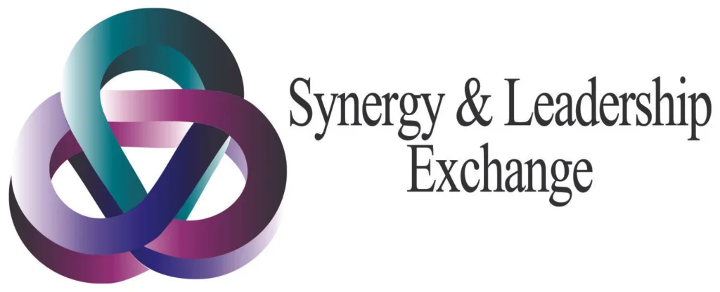 The words synergy & leadership exchange next to a green and purple ball